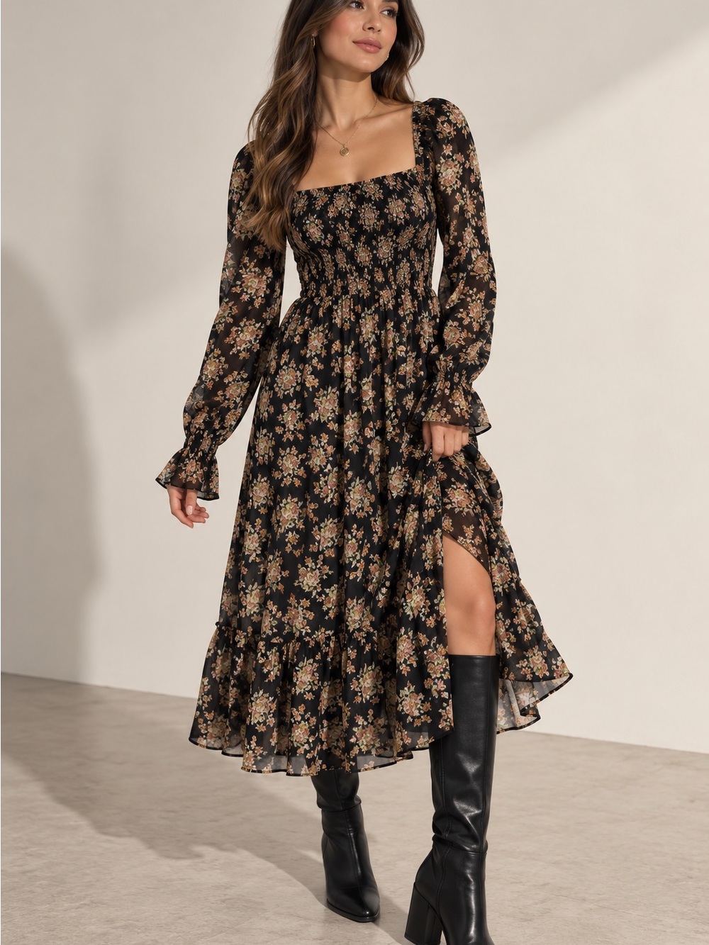 Astr Black Floral Square-Neck Midi Dress